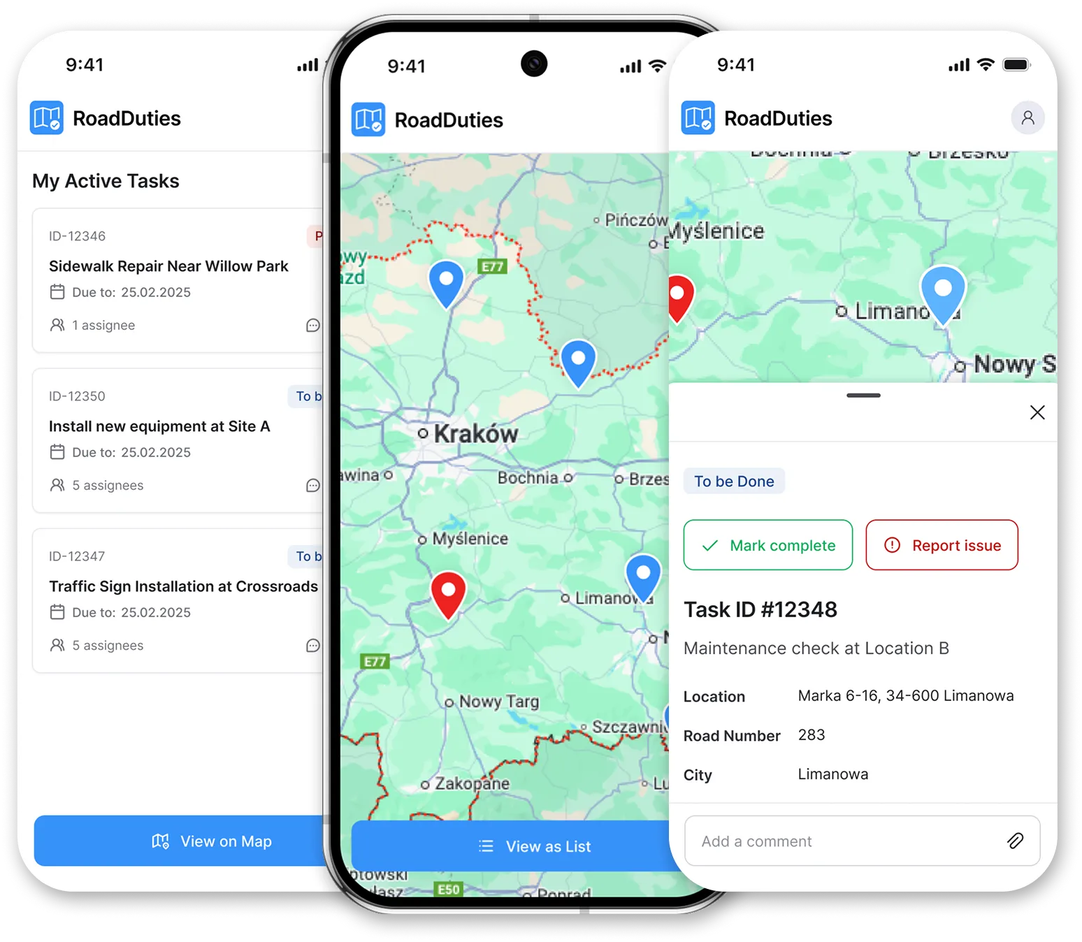 Interfejs zarządzania zadaniami Road Duties